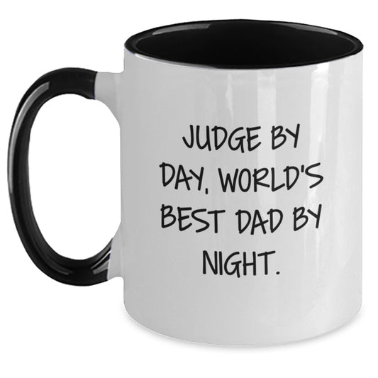 Funny Judge Gifts from Men to Judge: Two Tone Coffee Mug with 'Judge By Day, World's Best Dad By Night' Quote for Christmas Unique Gifts - Main