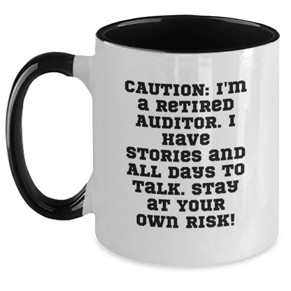 Funny Auditor Gifts for Men from Friends, Unique Two Tone Coffee Mug with Caution: I'm A Retired Auditor, Christmas Unique - Main