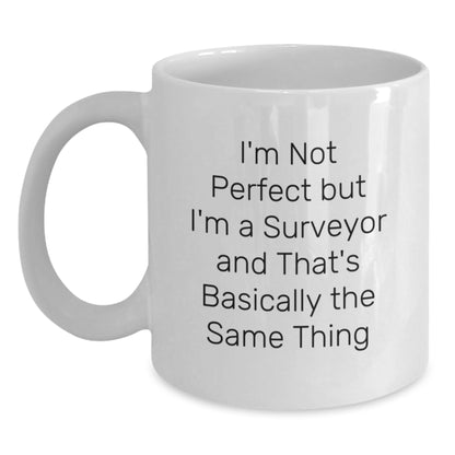 Funny Surveyor Gifts for Him - White Coffee Mug with I'm Not Perfect Quote, Gifts from Friends to Surveyor Men, Christmas Unique - Main