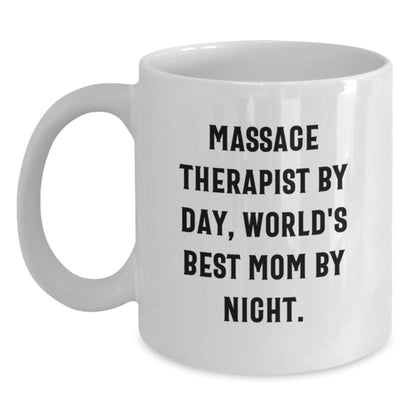 Funny Massage Therapist Gifts for Coworkers - 'Massage Therapist By Day, World's Best Mom By Night.' White Coffee Mug, Christmas Unique Gifts from Friends - Main