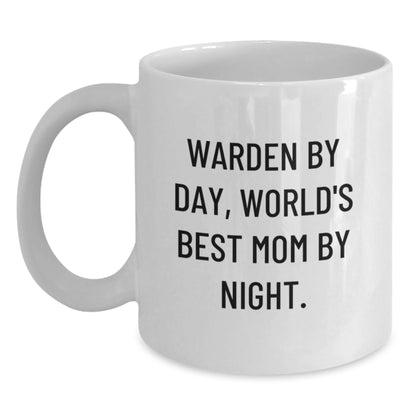 Funny Warden Gifts, White Coffee Mug, Warden By Day, World's Best Mom By Night, Christmas Unique Gifts from Mom to Warden - Main