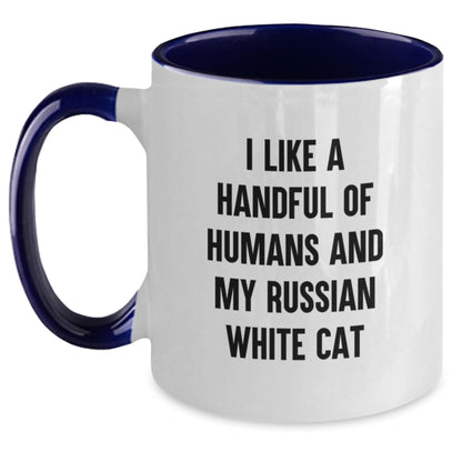 Funny Russian White Cat Gifts from Men or Women, Unique Christmas Unique Gifts for Russian White Cat Lovers, Two Tone Coffee Mug with I Like A Handful Of Humans And My Russian White Cat Quote - Main