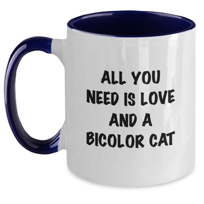 Funny Bicolor Cat Gifts for Birthday - Two Tone Coffee Mug with Inspirational Quote 'All You Need Is Love And A Bicolor Cat' from Friends - Main