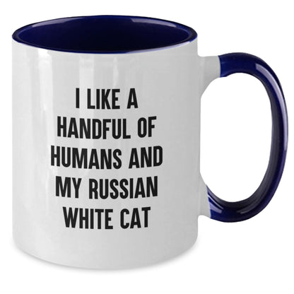 Funny Russian White Cat Gifts from Men or Women, Unique Christmas Unique Gifts for Russian White Cat Lovers, Two Tone Coffee Mug with I Like A Handful Of Humans And My Russian White Cat Quote - Additional