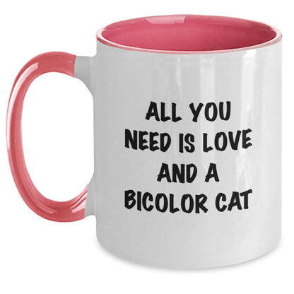 Funny Bicolor Cat Gifts for Birthday - Two Tone Coffee Mug with Inspirational Quote 'All You Need Is Love And A Bicolor Cat' from Friends - Main