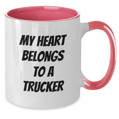Funny Trucker Gifts from Men to Truckers, Christmas Unique Gifts for Truckers, Two Tone Coffee Mug with 'My Heart Belongs To A Trucker' - Additional
