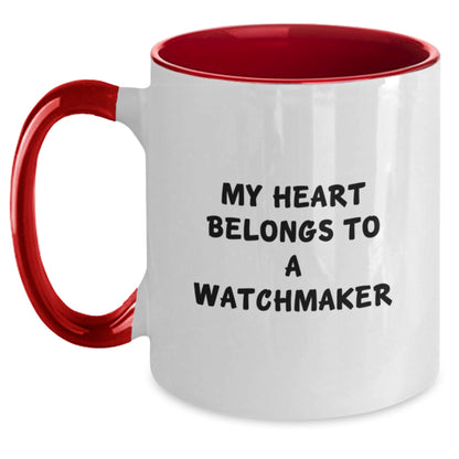 Funny Watchmaker Gifts from Friends for Watchmaker Men, Cute Two Tone Coffee Mug with 'My Heart Belongs To A Watchmaker' Quote, Christmas Unique Gifts - Main