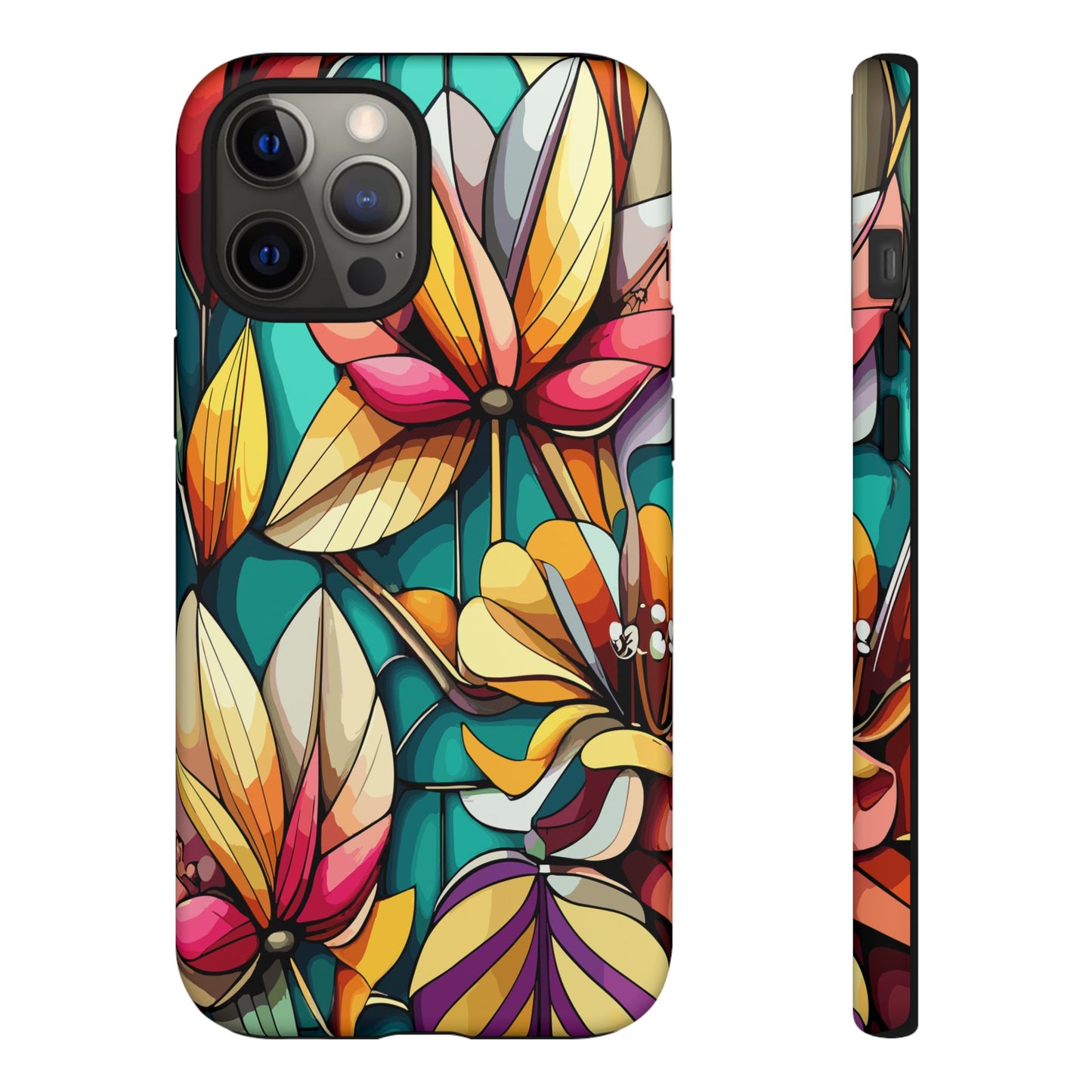 Phone Case, Stain Glass Flowers Design - Floral Tough Cover, Protective Smartphone Case, Cute Flower Pattern