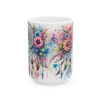 Dreamcatcher Ceramic Mug, Boho Floral Coffee Cup, Tea Mug, Native American Design, Kitchen Decor, Gift for Her