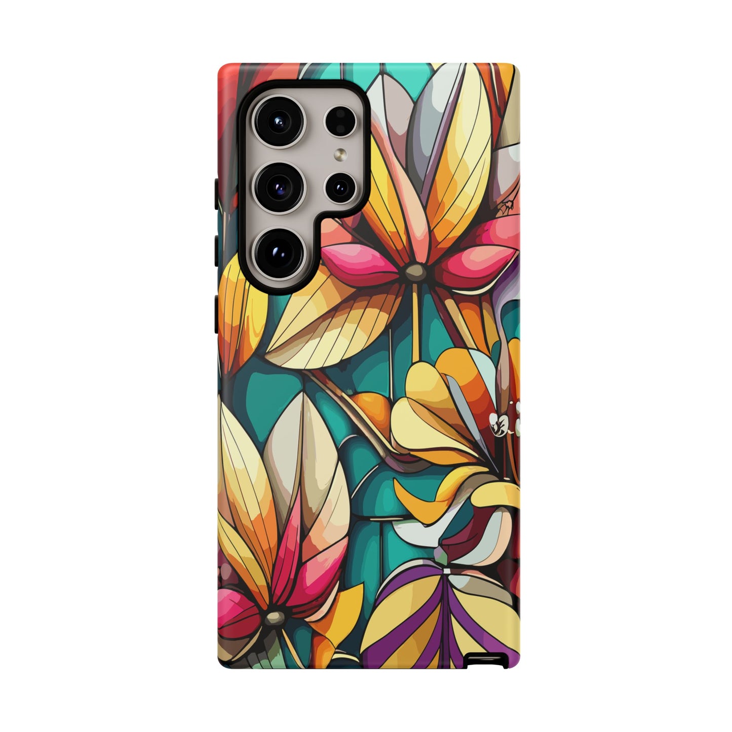 Phone Case, Stain Glass Flowers Design - Floral Tough Cover, Protective Smartphone Case, Cute Flower Pattern