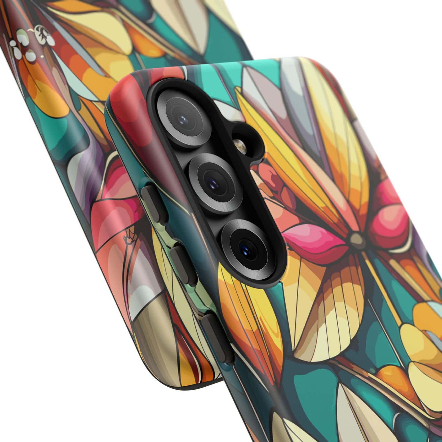 Phone Case, Stain Glass Flowers Design - Floral Tough Cover, Protective Smartphone Case, Cute Flower Pattern