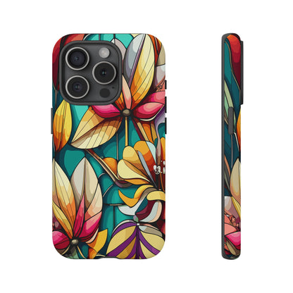 Phone Case, Stain Glass Flowers Design - Floral Tough Cover, Protective Smartphone Case, Cute Flower Pattern