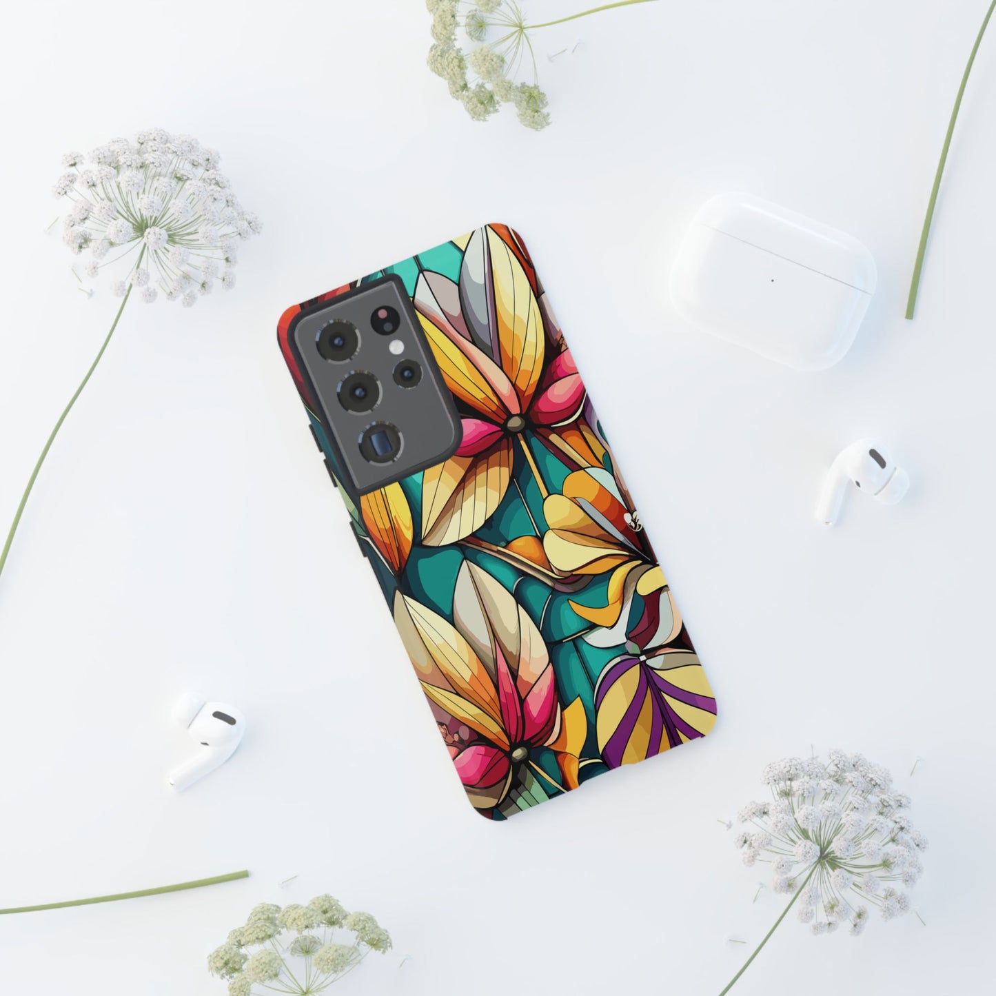 Phone Case, Stain Glass Flowers Design - Floral Tough Cover, Protective Smartphone Case, Cute Flower Pattern