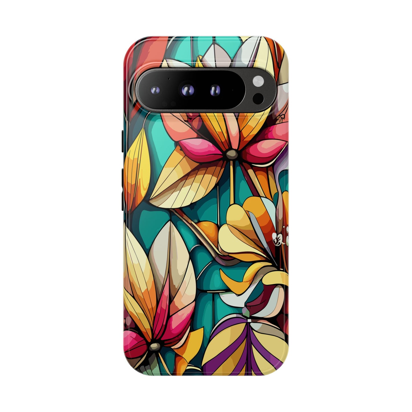 Phone Case, Stain Glass Flowers Design - Floral Tough Cover, Protective Smartphone Case, Cute Flower Pattern