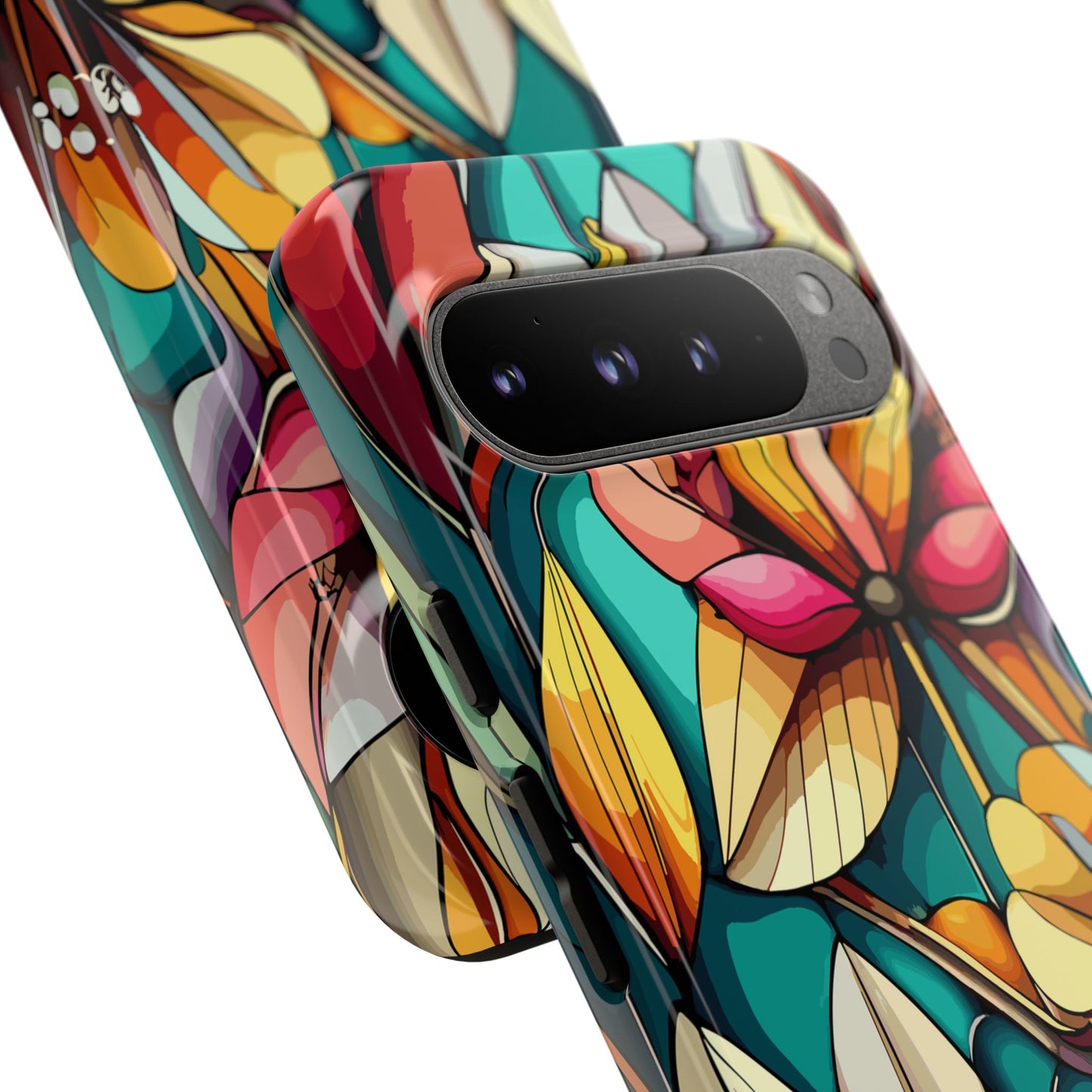 Phone Case, Stain Glass Flowers Design - Floral Tough Cover, Protective Smartphone Case, Cute Flower Pattern