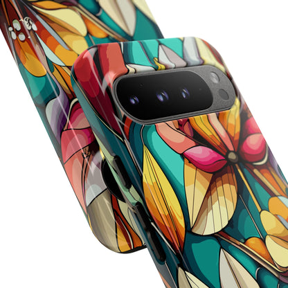 Phone Case, Stain Glass Flowers Design - Floral Tough Cover, Protective Smartphone Case, Cute Flower Pattern