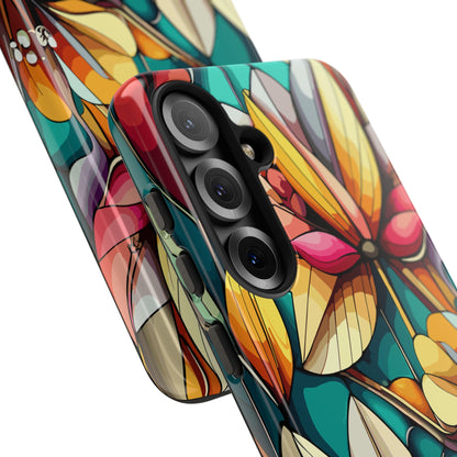 Phone Case, Stain Glass Flowers Design - Floral Tough Cover, Protective Smartphone Case, Cute Flower Pattern