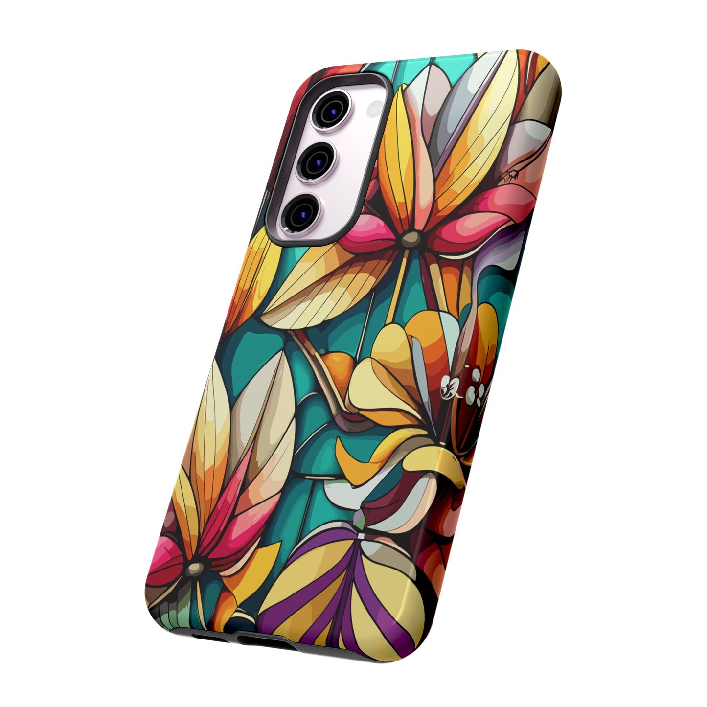 Phone Case, Stain Glass Flowers Design - Floral Tough Cover, Protective Smartphone Case, Cute Flower Pattern