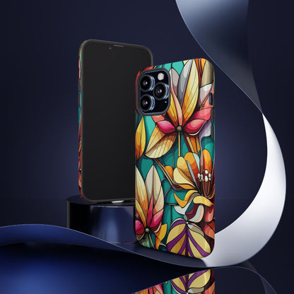 Phone Case, Stain Glass Flowers Design - Floral Tough Cover, Protective Smartphone Case, Cute Flower Pattern