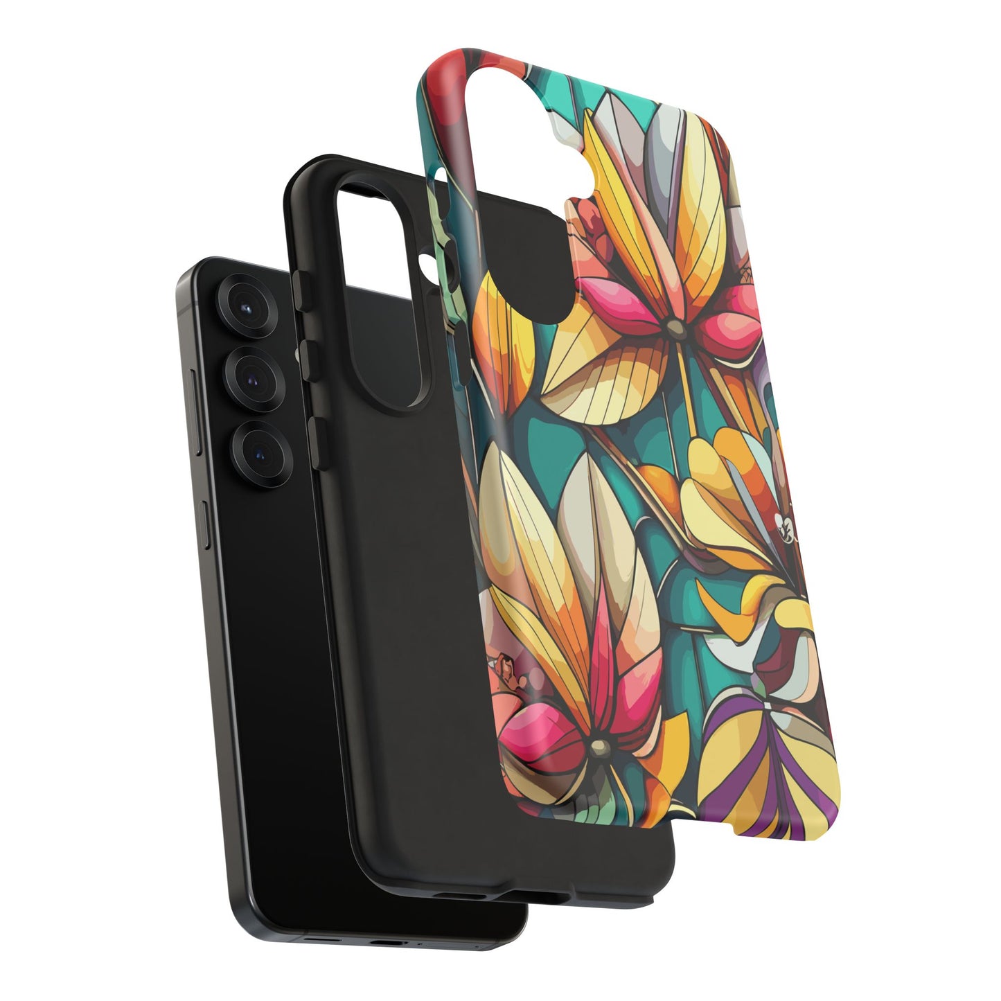 Phone Case, Stain Glass Flowers Design - Floral Tough Cover, Protective Smartphone Case, Cute Flower Pattern