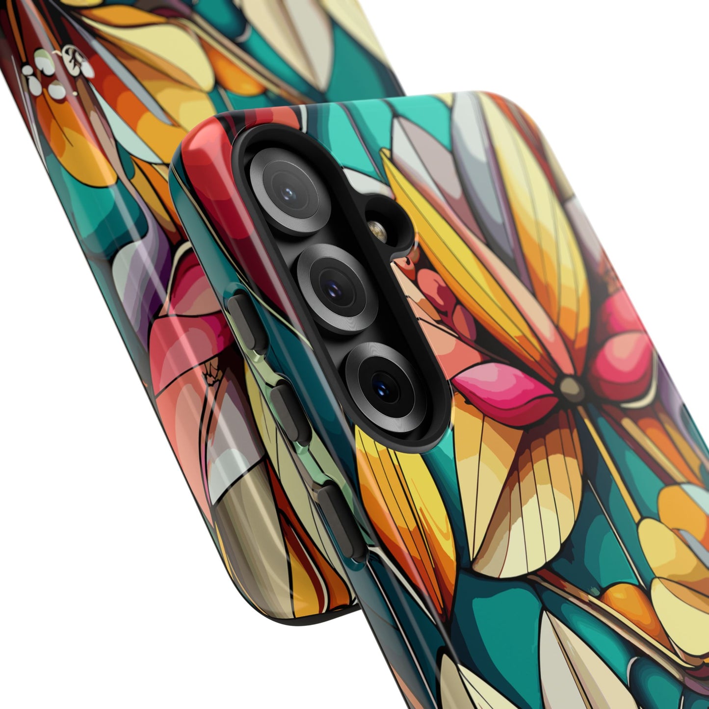 Phone Case, Stain Glass Flowers Design - Floral Tough Cover, Protective Smartphone Case, Cute Flower Pattern