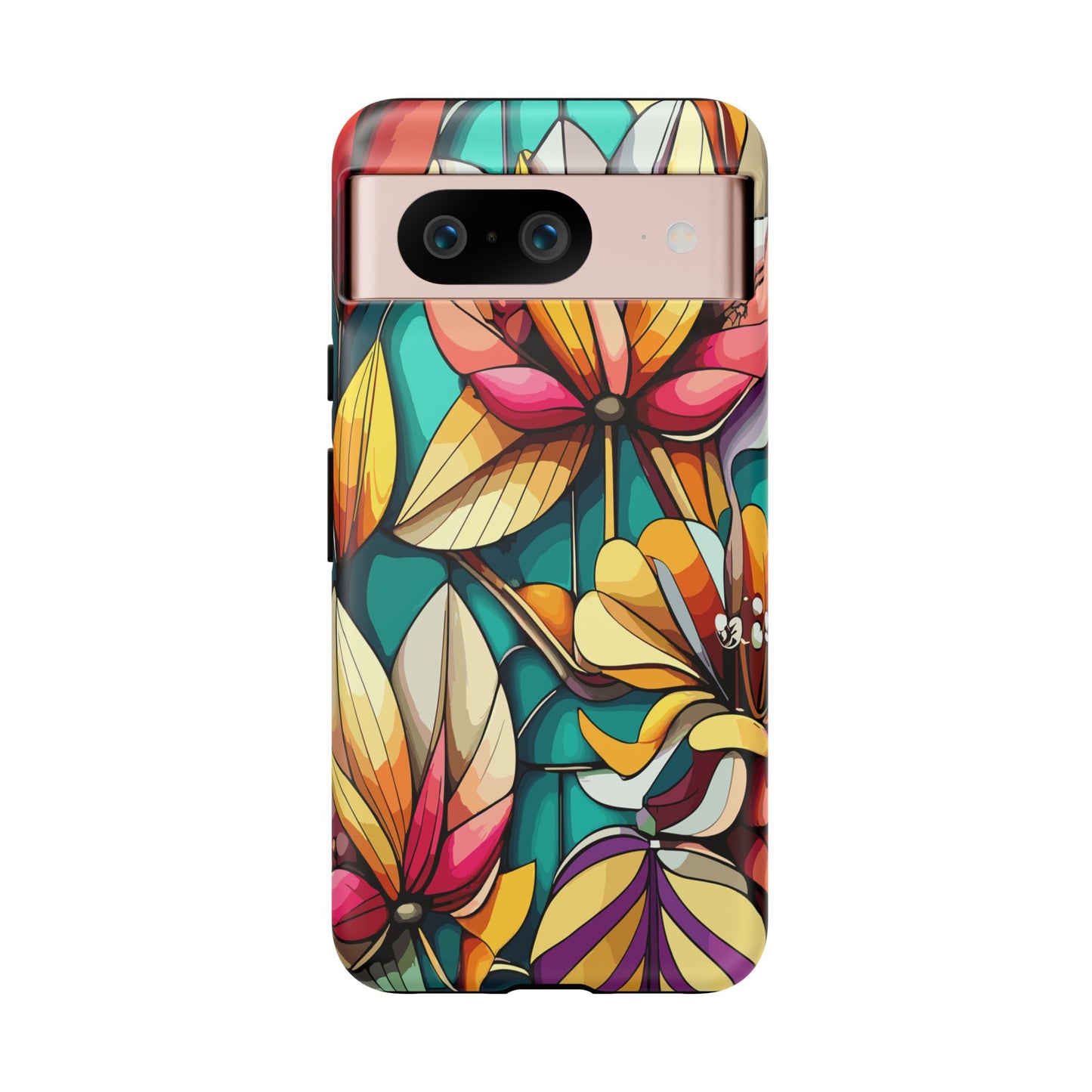 Phone Case, Stain Glass Flowers Design - Floral Tough Cover, Protective Smartphone Case, Cute Flower Pattern