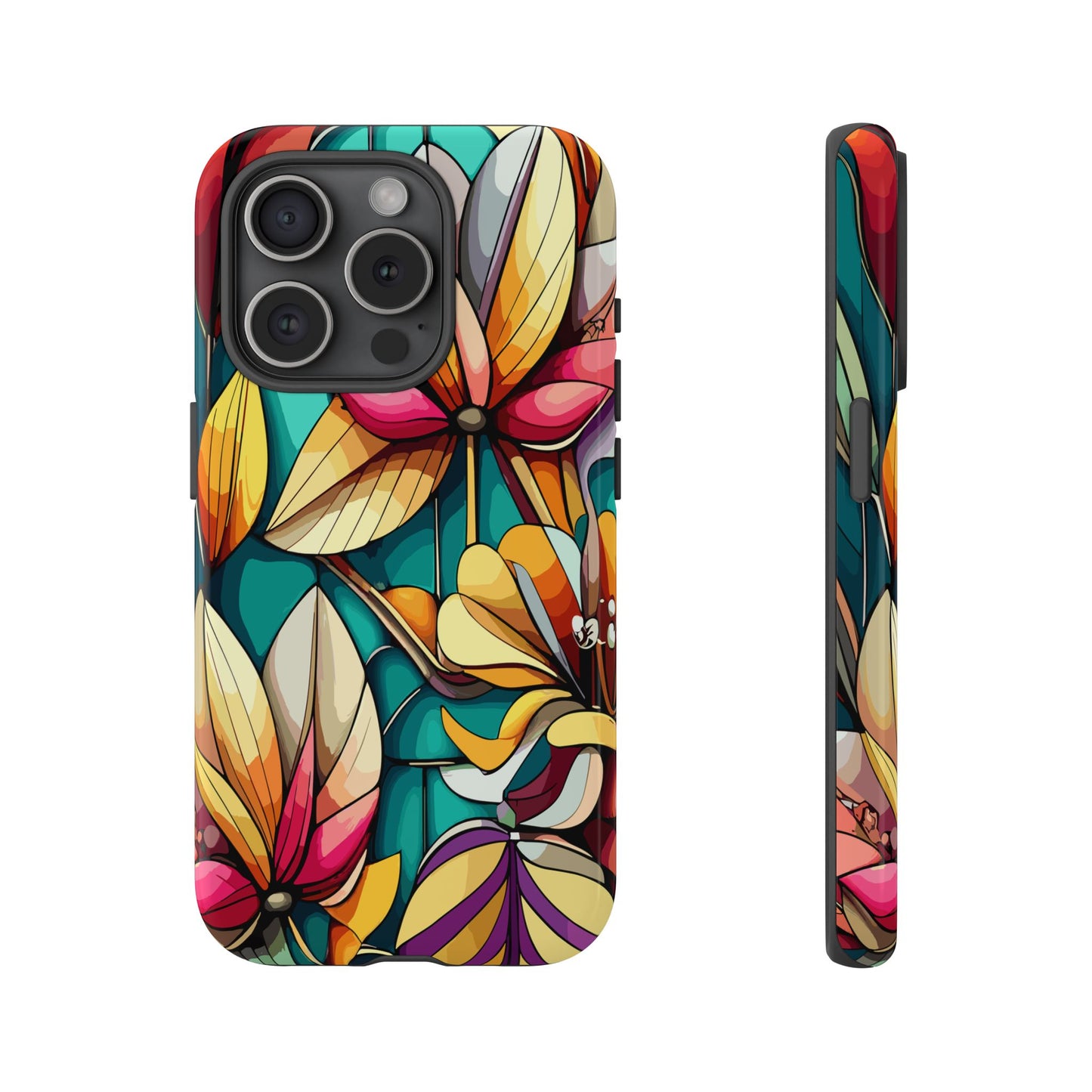 Phone Case, Stain Glass Flowers Design - Floral Tough Cover, Protective Smartphone Case, Cute Flower Pattern