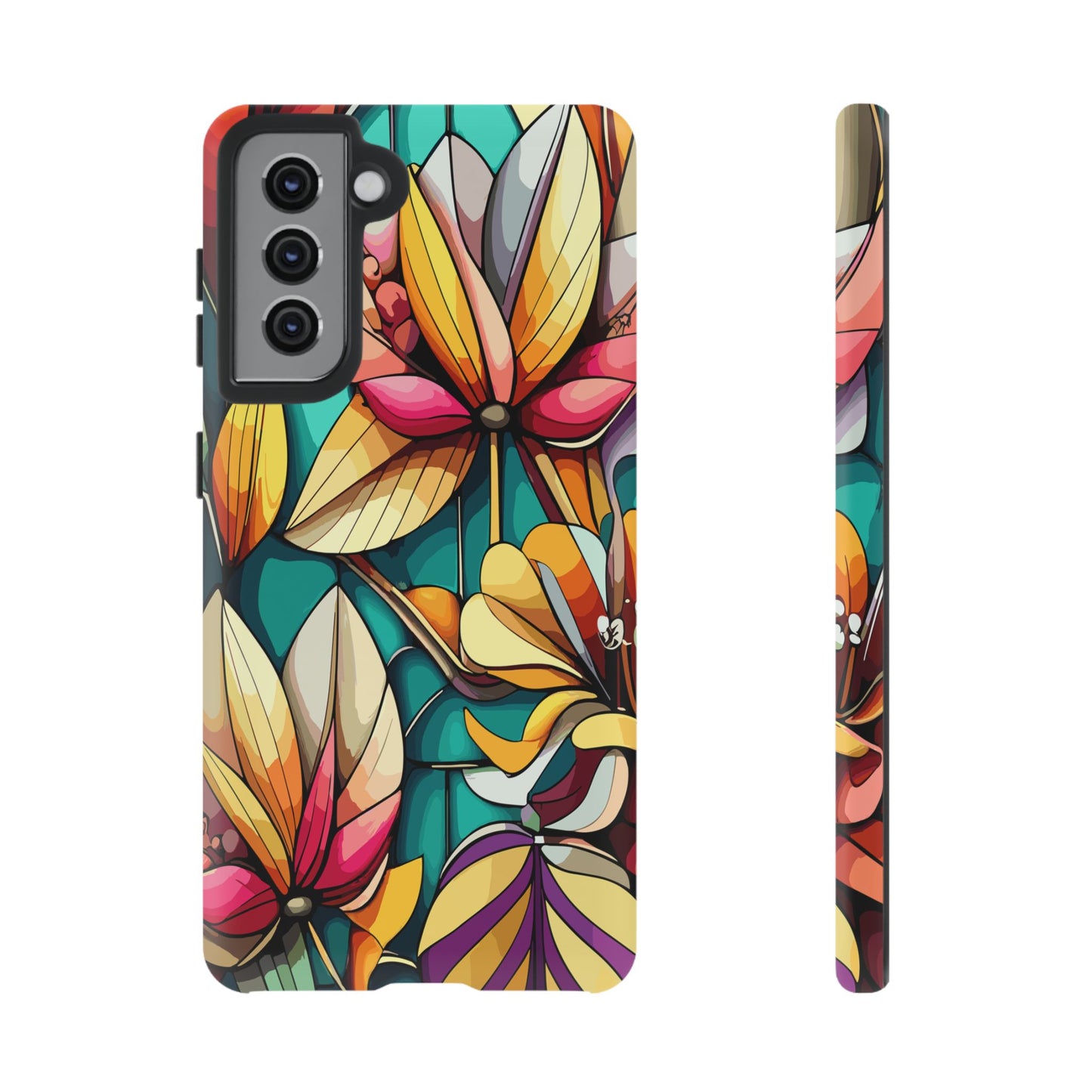 Phone Case, Stain Glass Flowers Design - Floral Tough Cover, Protective Smartphone Case, Cute Flower Pattern