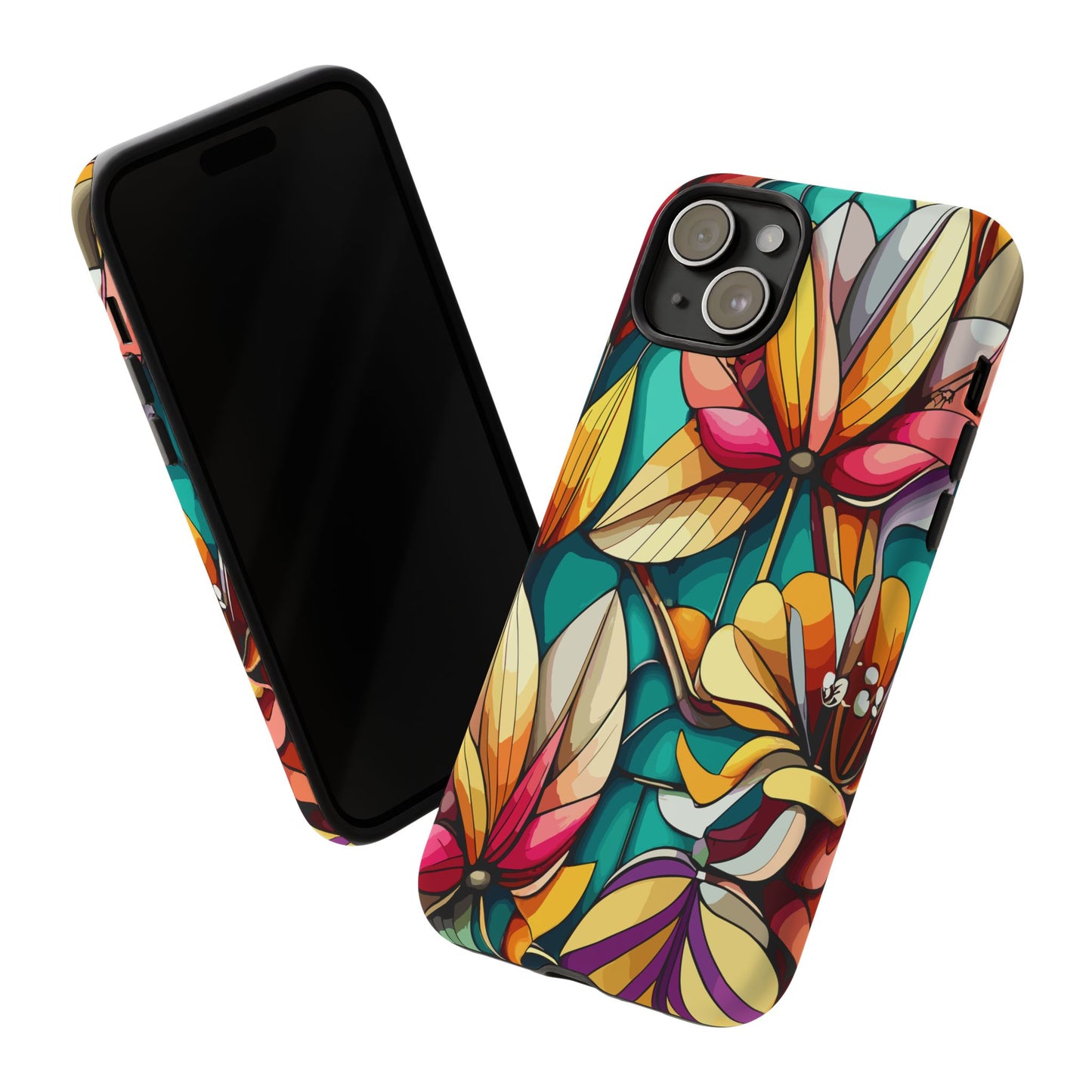 Phone Case, Stain Glass Flowers Design - Floral Tough Cover, Protective Smartphone Case, Cute Flower Pattern
