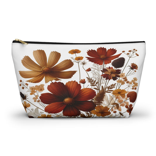 Accessory Pouch, Pressed Flowers Botanical Design, Floral Makeup Bag, Gift for Gardener, Vintage Style Zipper Pouch, - Victory Thru Vision 