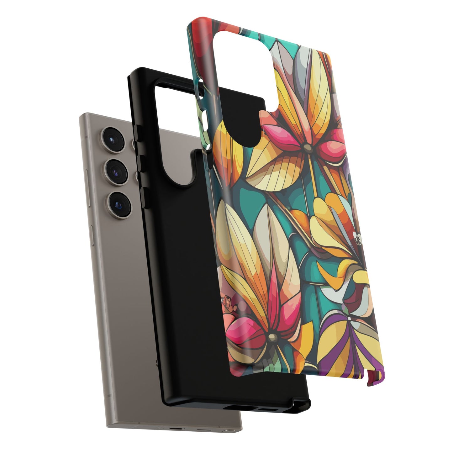 Phone Case, Stain Glass Flowers Design - Floral Tough Cover, Protective Smartphone Case, Cute Flower Pattern