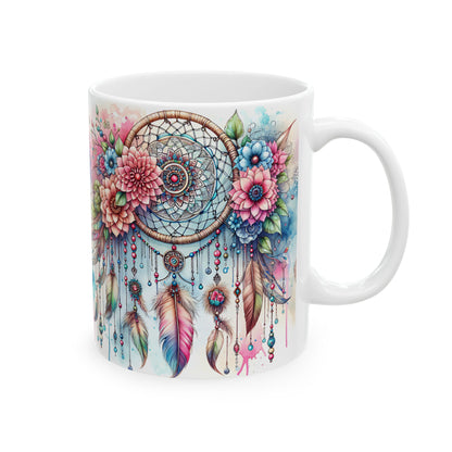 Dreamcatcher Ceramic Mug, Boho Floral Coffee Cup, Tea Mug, Native American Design, Kitchen Decor, Gift for Her