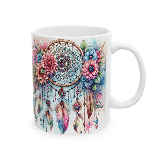 Dreamcatcher Ceramic Mug, Boho Floral Coffee Cup, Tea Mug, Native American Design, Kitchen Decor, Gift for Her