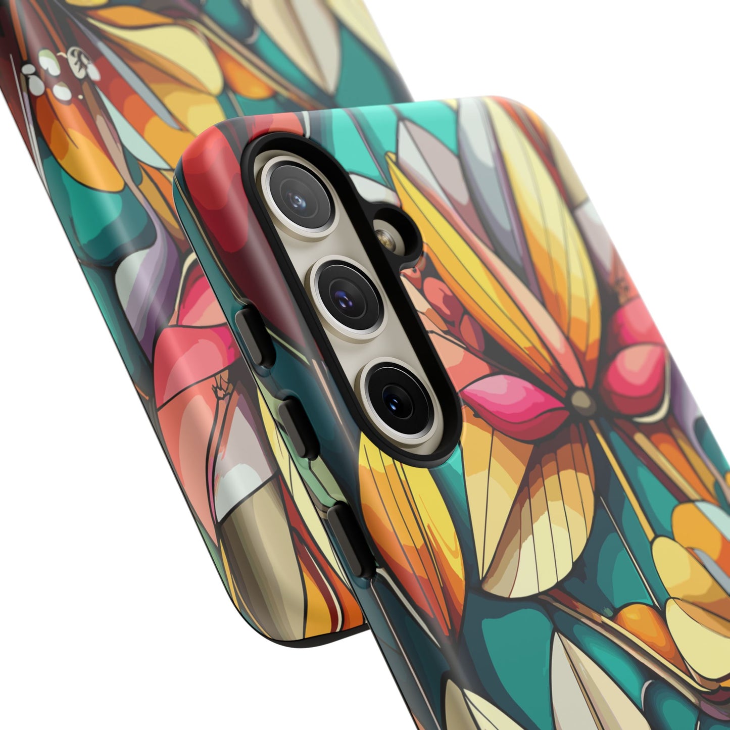 Phone Case, Stain Glass Flowers Design - Floral Tough Cover, Protective Smartphone Case, Cute Flower Pattern