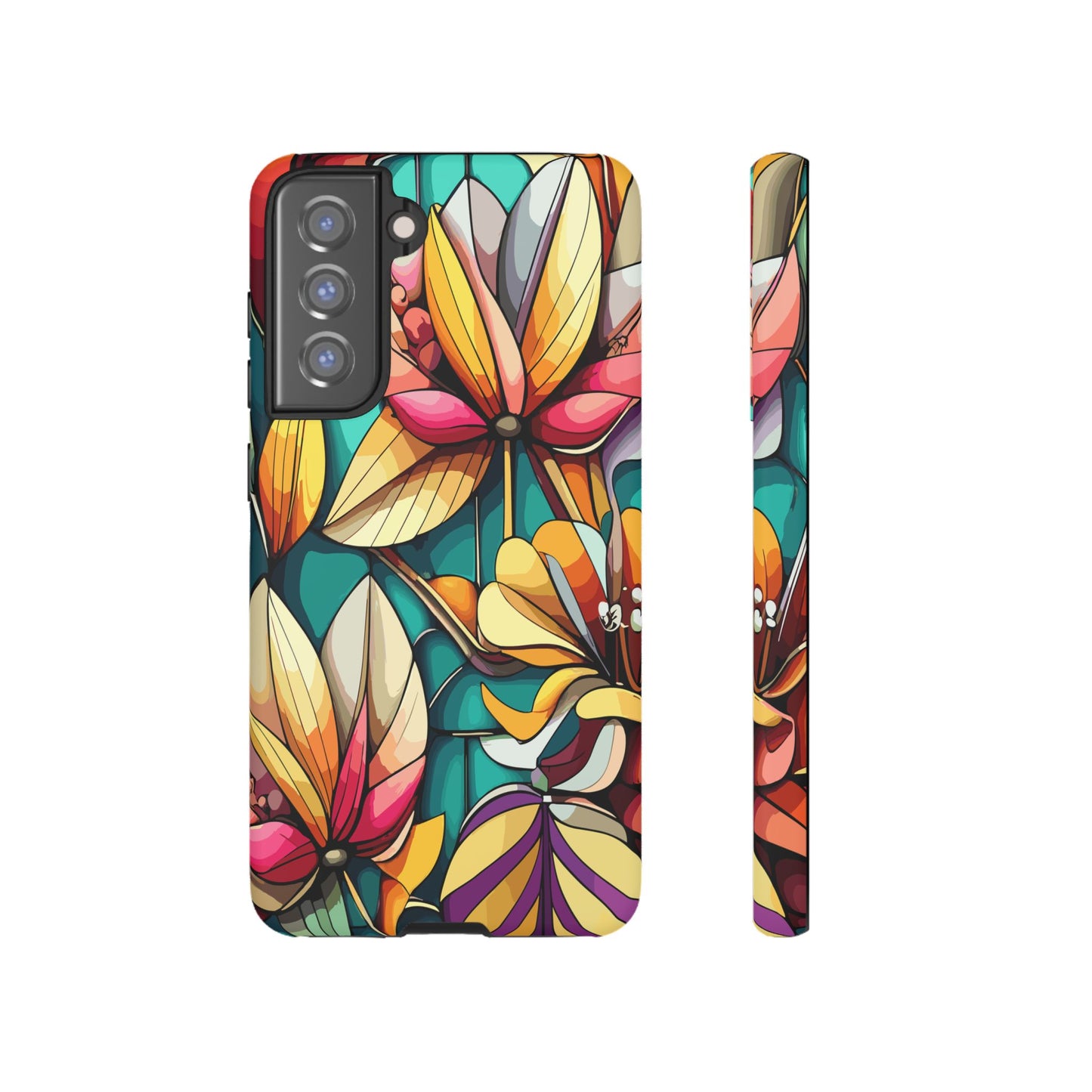 Phone Case, Stain Glass Flowers Design - Floral Tough Cover, Protective Smartphone Case, Cute Flower Pattern