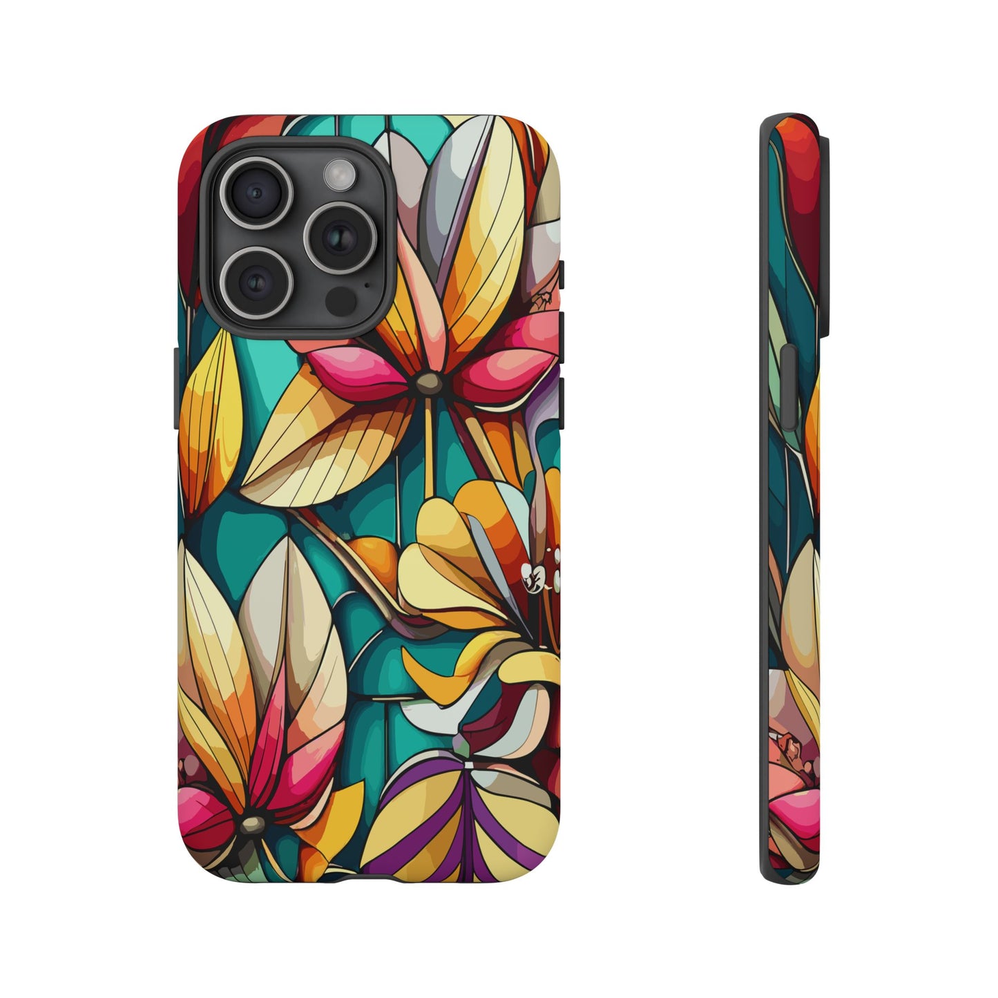 Phone Case, Stain Glass Flowers Design - Floral Tough Cover, Protective Smartphone Case, Cute Flower Pattern