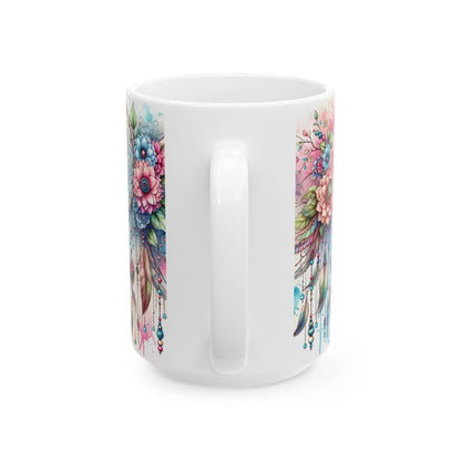 Dreamcatcher Ceramic Mug, Boho Floral Coffee Cup, Tea Mug, Native American Design, Kitchen Decor, Gift for Her