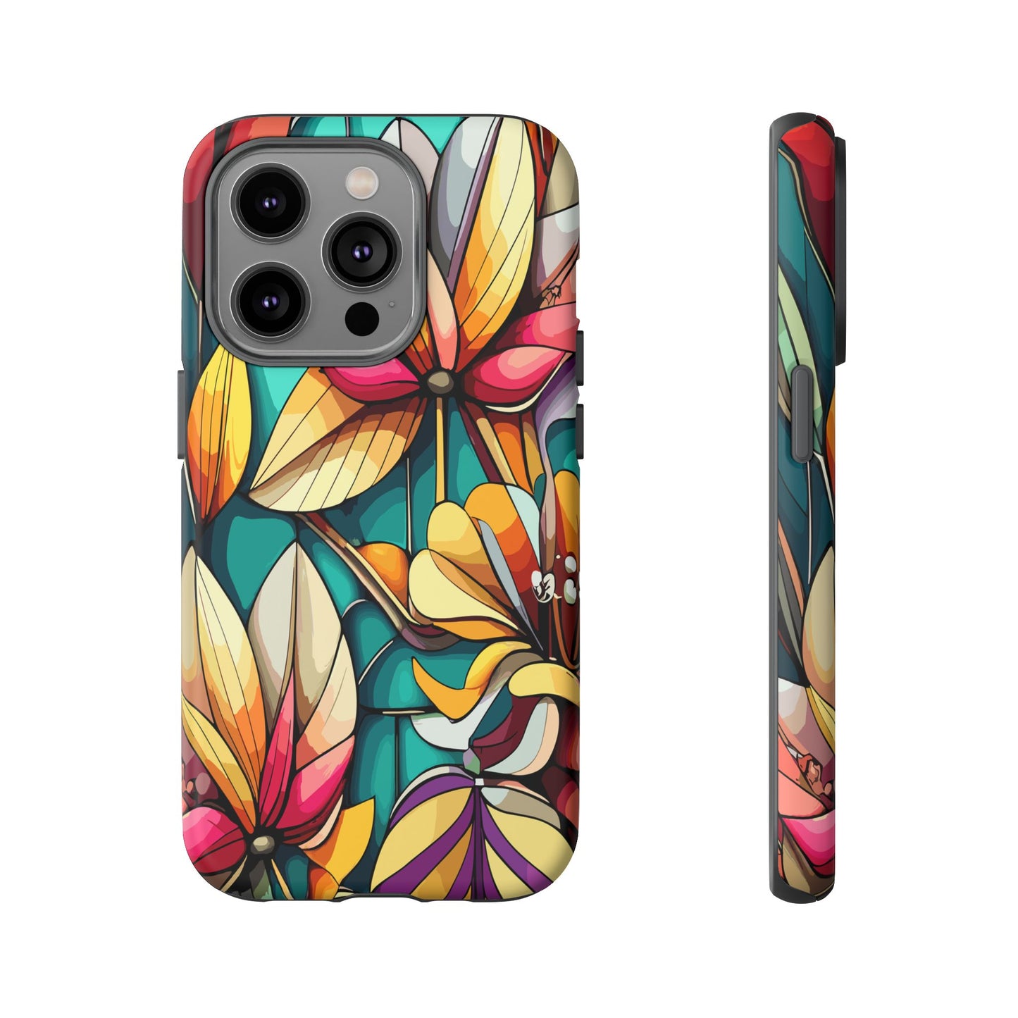 Phone Case, Stain Glass Flowers Design - Floral Tough Cover, Protective Smartphone Case, Cute Flower Pattern