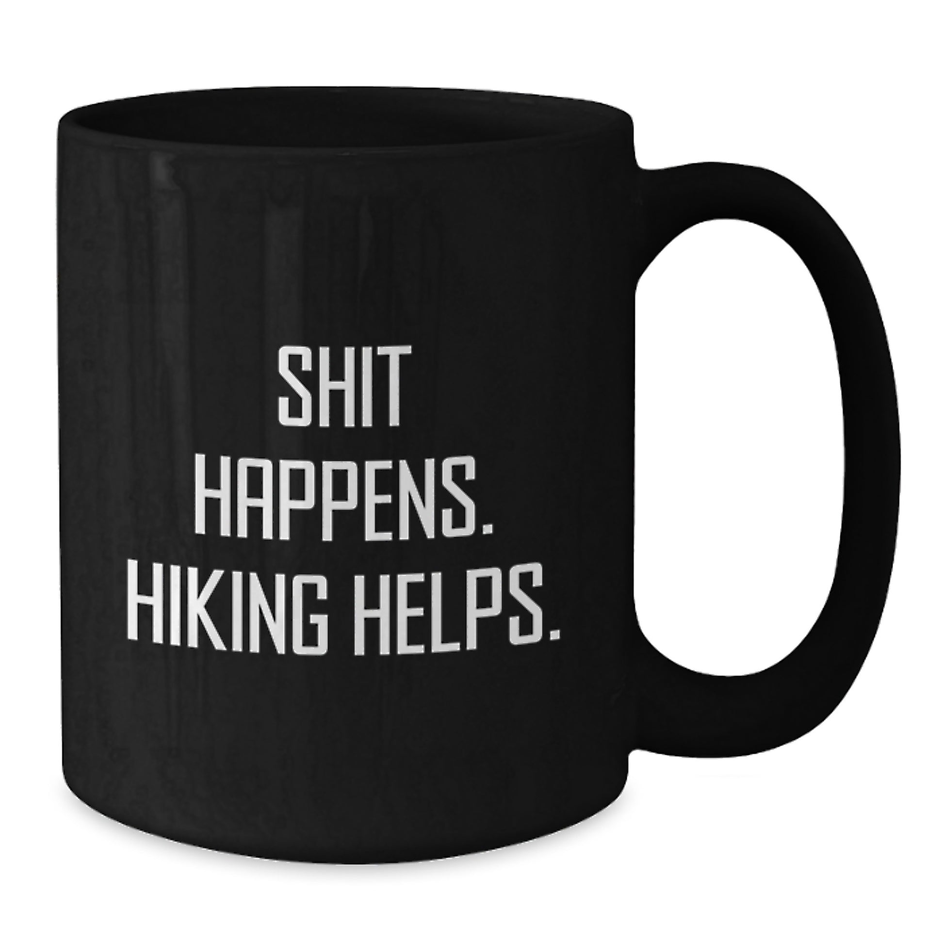 Funny Hiking Gifts for Friends from Men - Shit Happens. Hiking Helps. Black Coffee Mug, Perfect for Christmas Unique - Additional