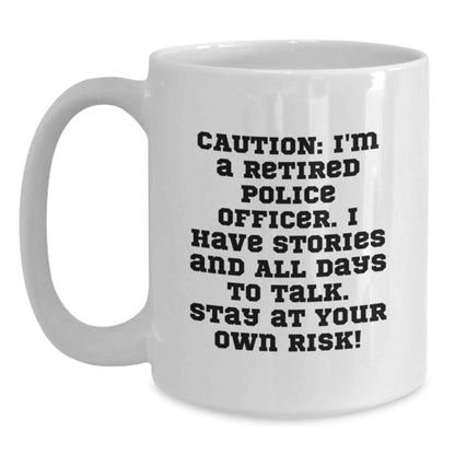 Funny Police Officer Gifts for Men - White Coffee Mug with 'Stay At Your Own Risk!' Quote, Gift from Friends, Family, Coworkers to Police Officer on Christmas - Main