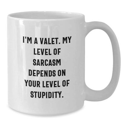 Funny Valet Humor Gifts from Men to Valet for Christmas Unique Mugs, White Coffee Mug, I'm A Valet My Level Of Sarcasm Depends On Your Level Of Stupidity - Additional