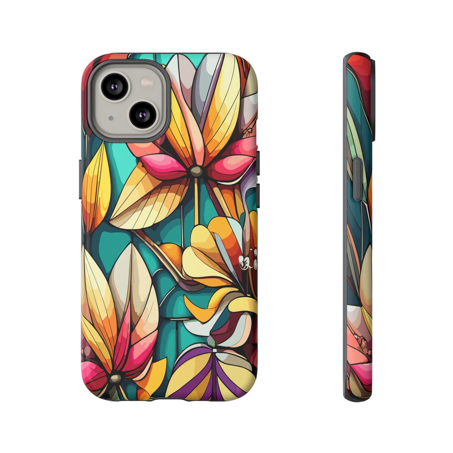 Phone Case, Stain Glass Flowers Design - Floral Tough Cover, Protective Smartphone Case, Cute Flower Pattern