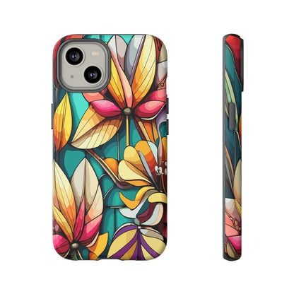 Phone Case, Stain Glass Flowers Design - Floral Tough Cover, Protective Smartphone Case, Cute Flower Pattern