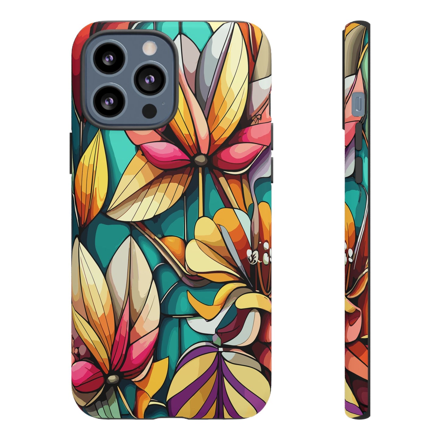 Phone Case, Stain Glass Flowers Design - Floral Tough Cover, Protective Smartphone Case, Cute Flower Pattern