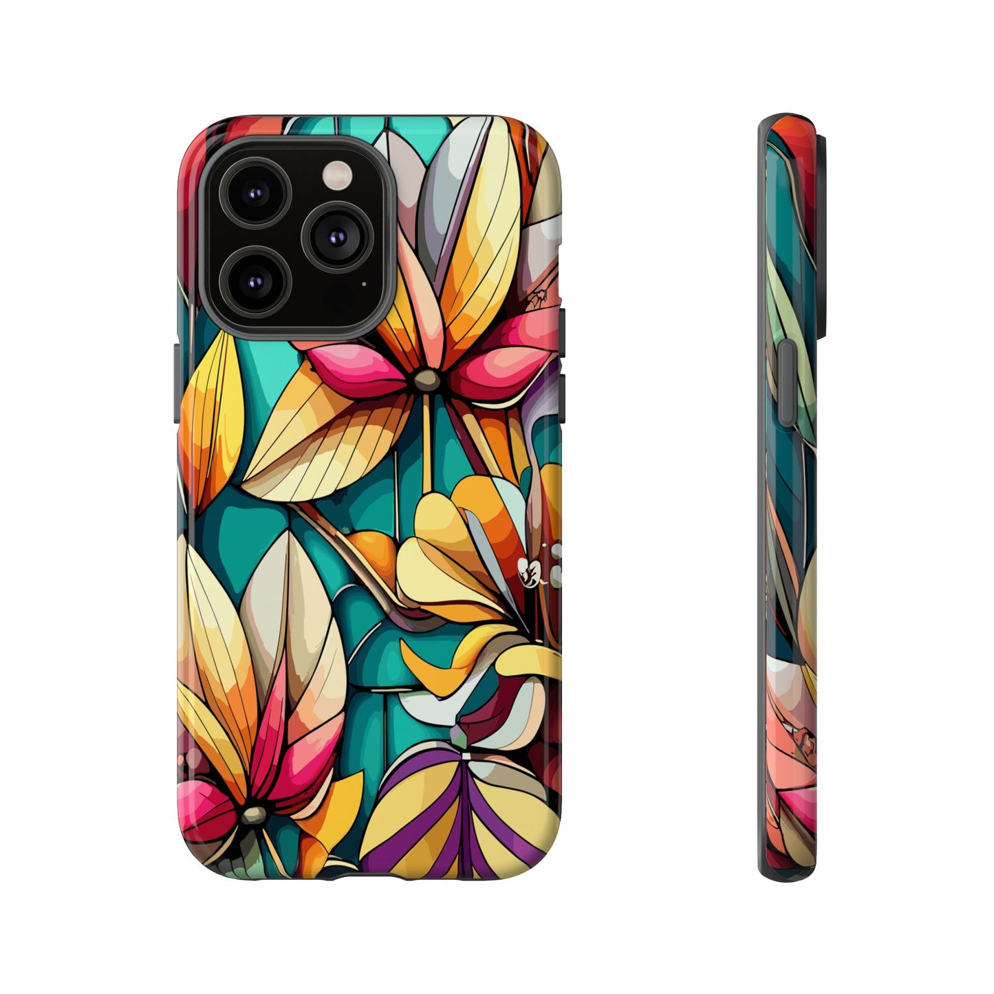Phone Case, Stain Glass Flowers Design - Floral Tough Cover, Protective Smartphone Case, Cute Flower Pattern