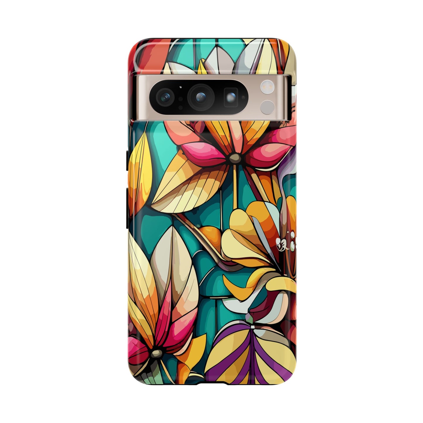 Phone Case, Stain Glass Flowers Design - Floral Tough Cover, Protective Smartphone Case, Cute Flower Pattern
