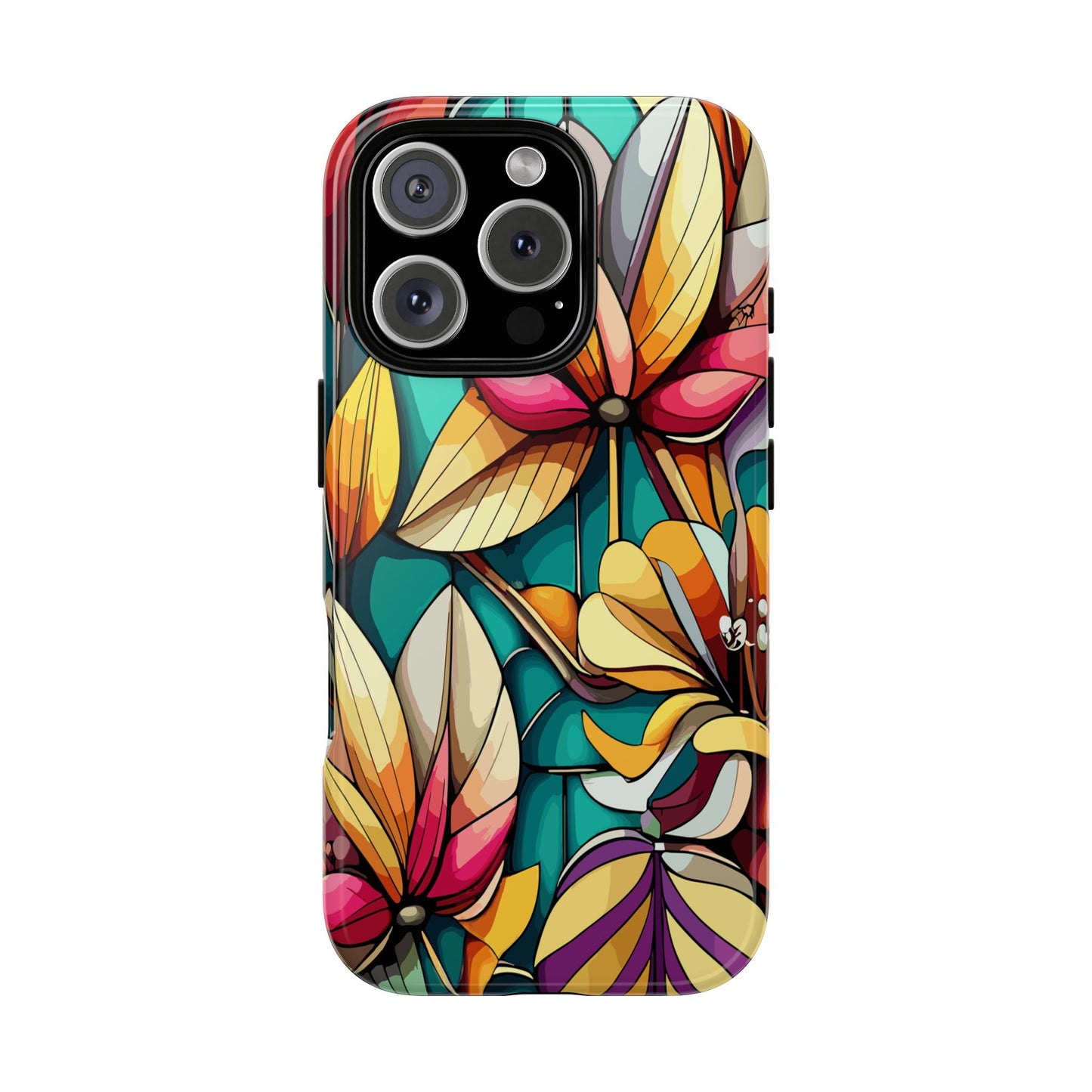 Phone Case, Stain Glass Flowers Design - Floral Tough Cover, Protective Smartphone Case, Cute Flower Pattern