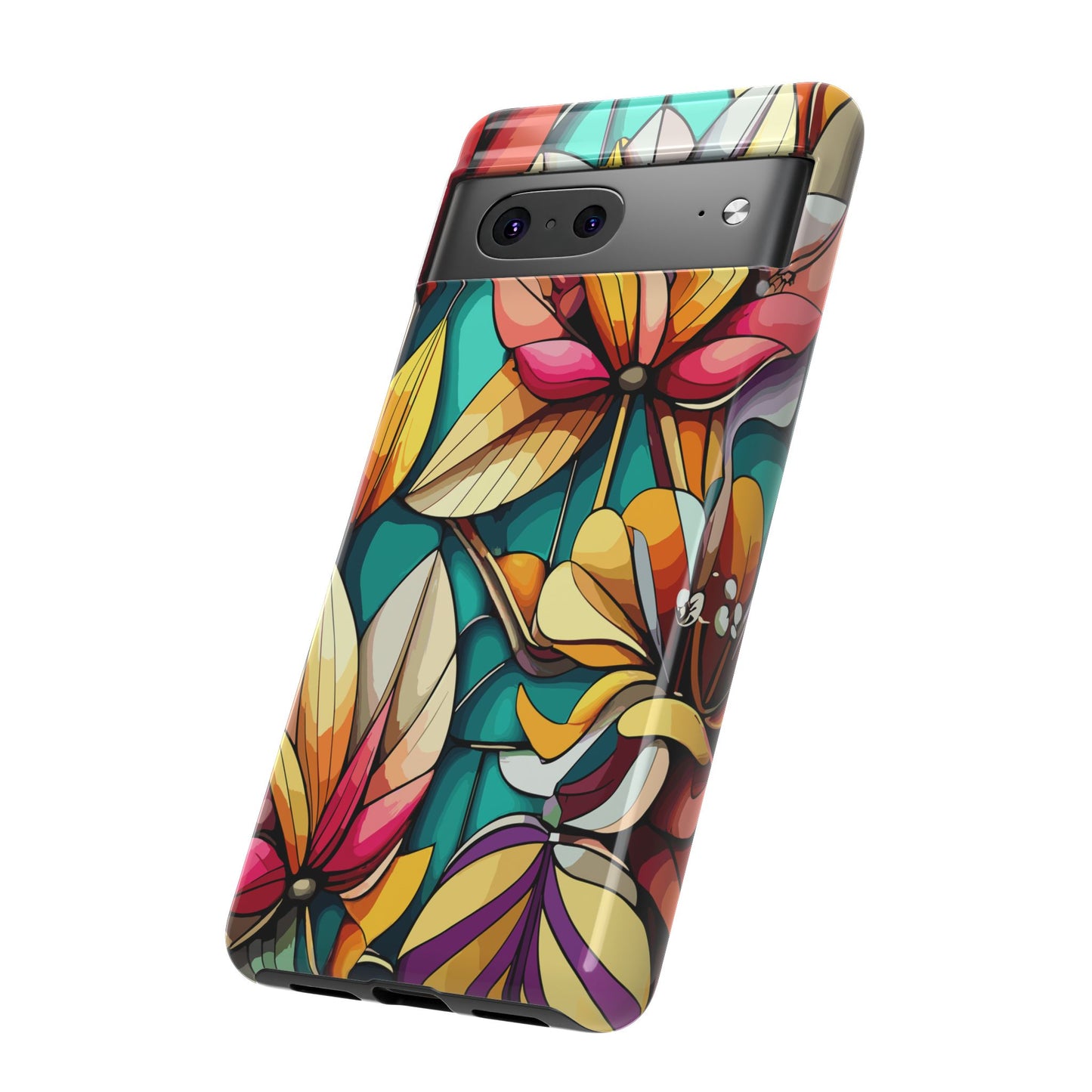 Phone Case, Stain Glass Flowers Design - Floral Tough Cover, Protective Smartphone Case, Cute Flower Pattern