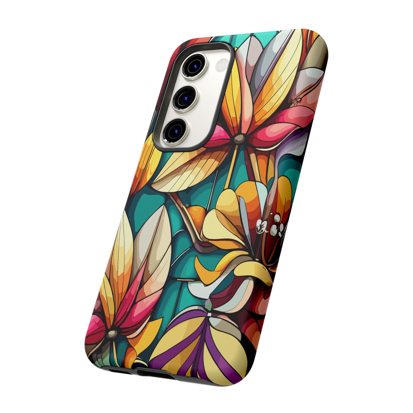 Phone Case, Stain Glass Flowers Design - Floral Tough Cover, Protective Smartphone Case, Cute Flower Pattern