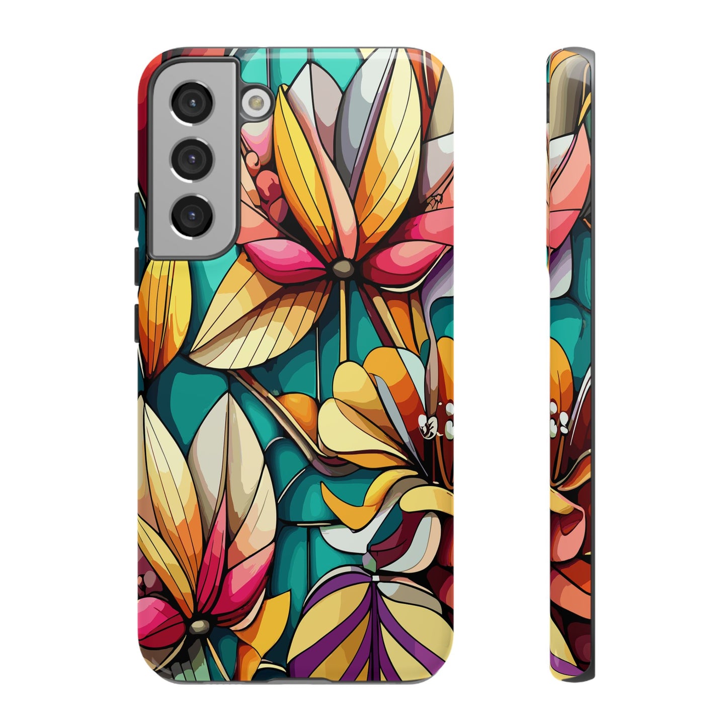 Phone Case, Stain Glass Flowers Design - Floral Tough Cover, Protective Smartphone Case, Cute Flower Pattern